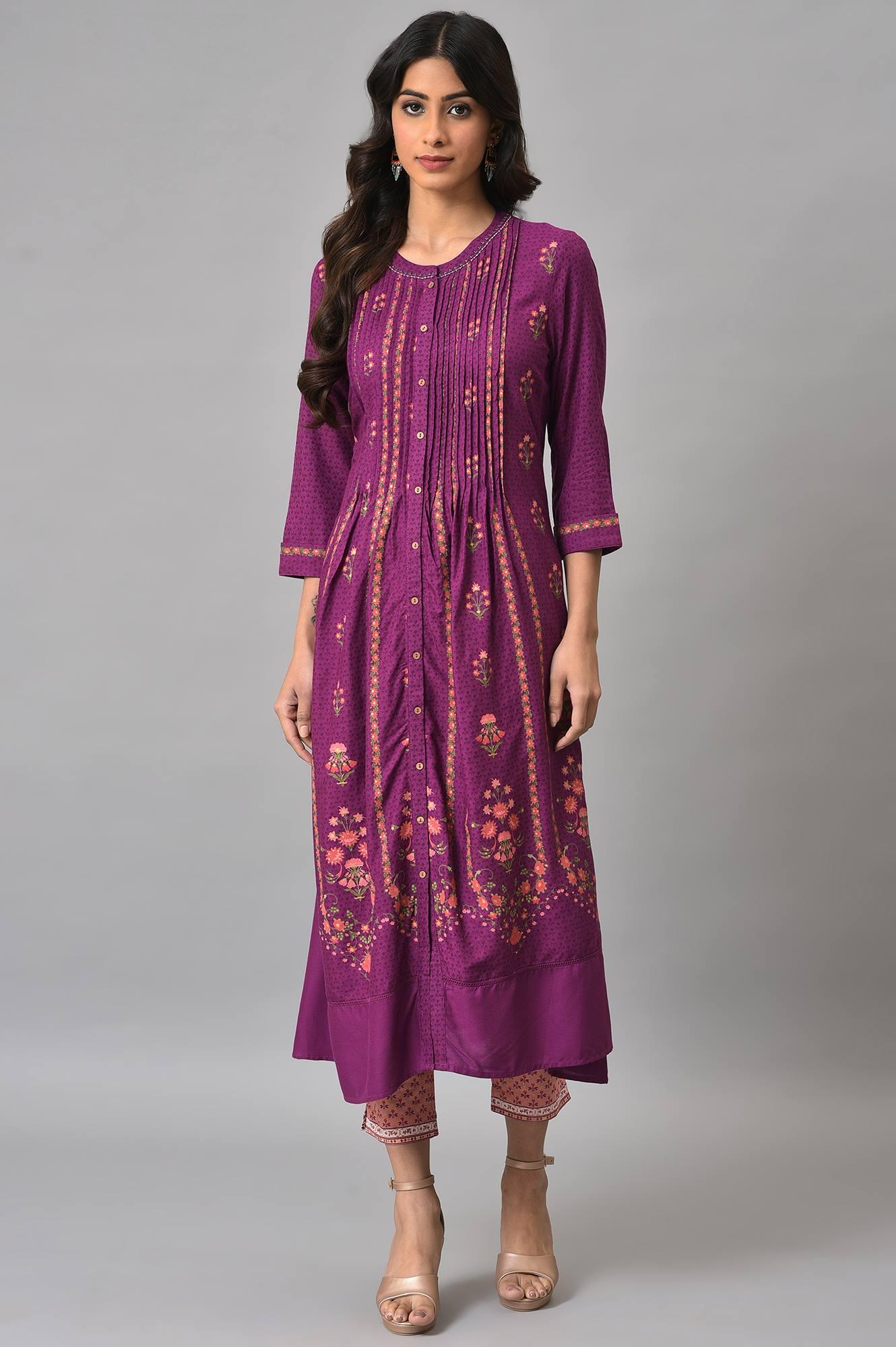 Dark Purple Floral Button Down Dress With Printed Slim Pants - wforwoman