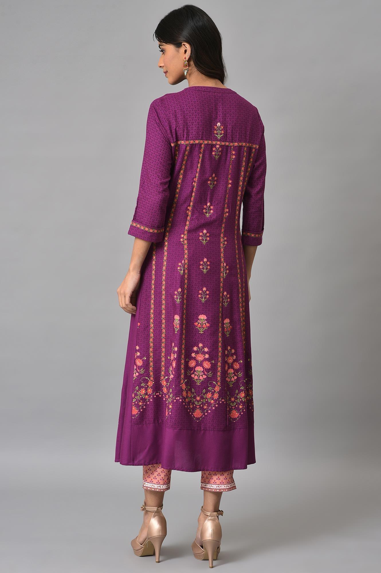 Dark Purple Floral Button Down Dress With Printed Slim Pants - wforwoman