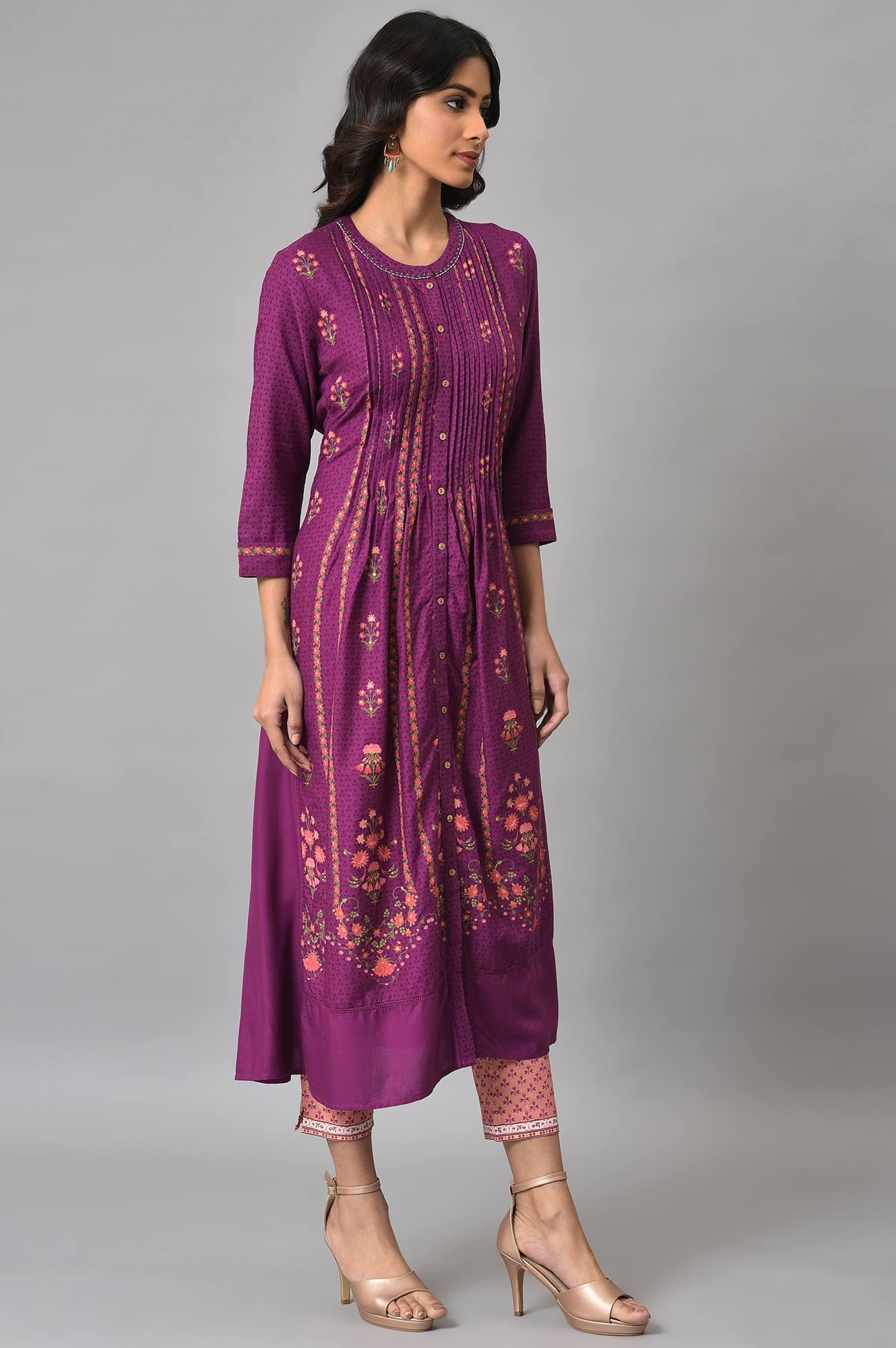 Dark Purple Floral Button Down Dress With Printed Slim Pants - wforwoman