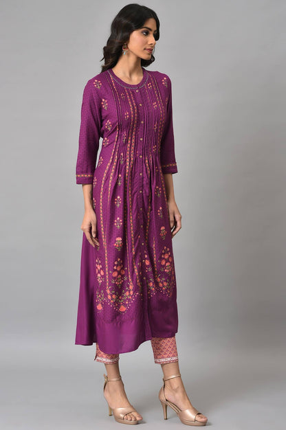 Dark Purple Floral Button Down Dress With Printed Slim Pants - wforwoman