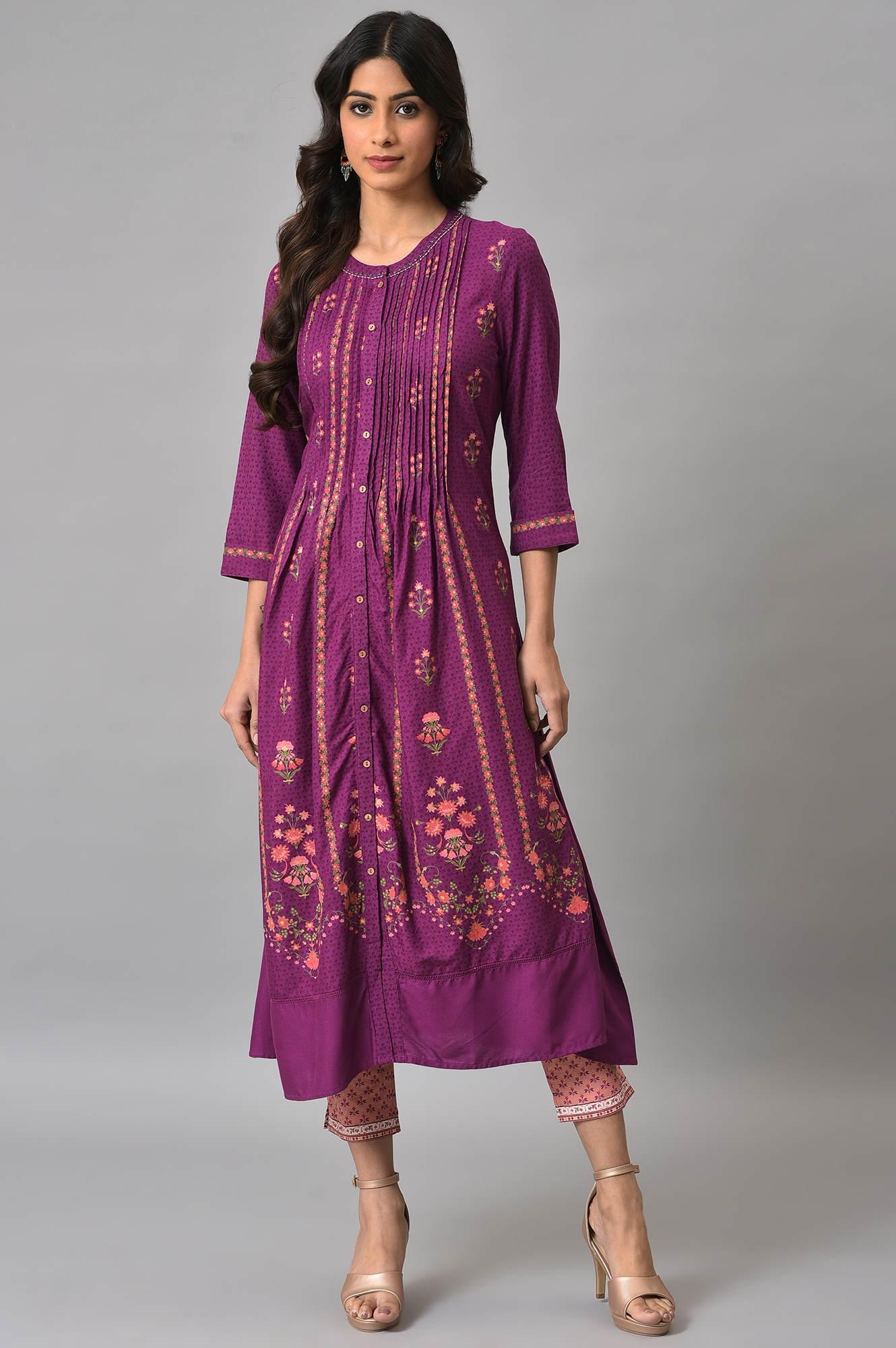 Dark Purple Floral Button Down Dress With Printed Slim Pants - wforwoman