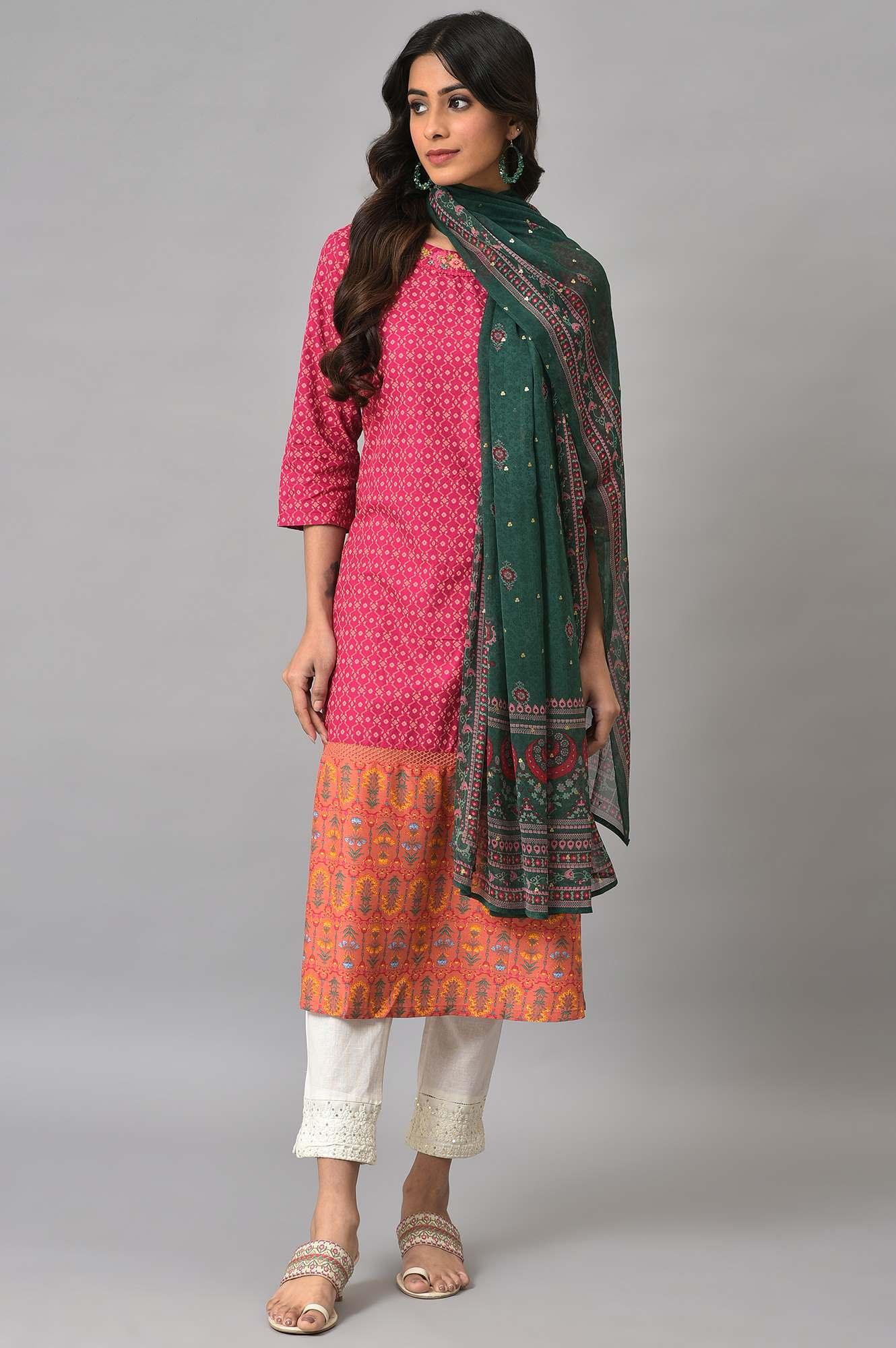 Dark Pink Boat Neck Embroidered kurta With Ecru Slim Pants And Green Printed Dupatta - wforwoman