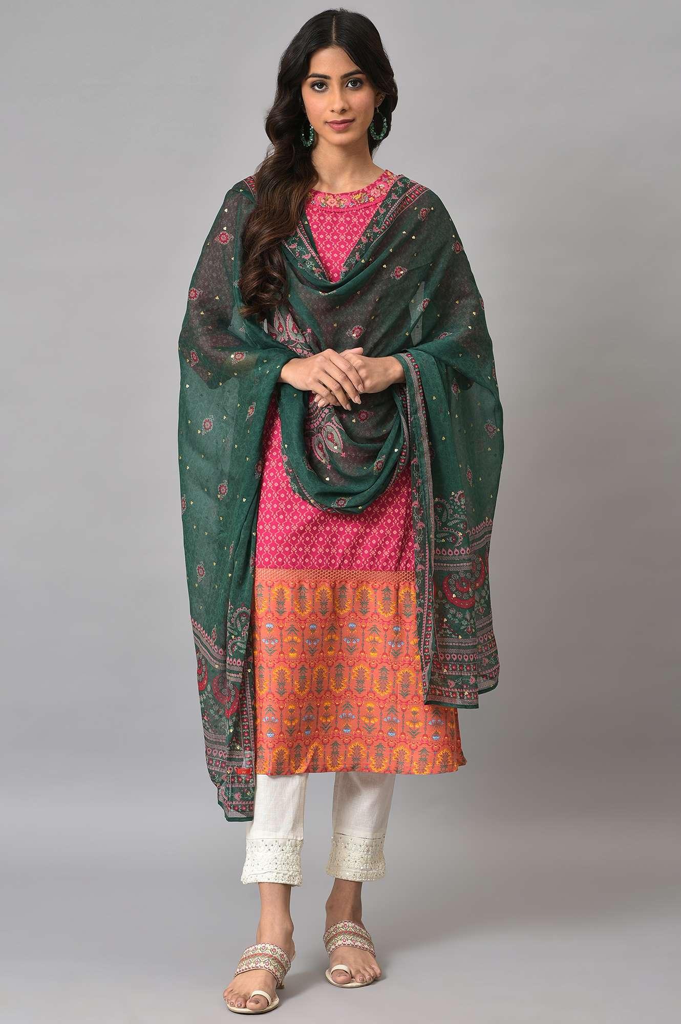 Dark Pink Boat Neck Embroidered kurta With Ecru Slim Pants And Green Printed Dupatta - wforwoman