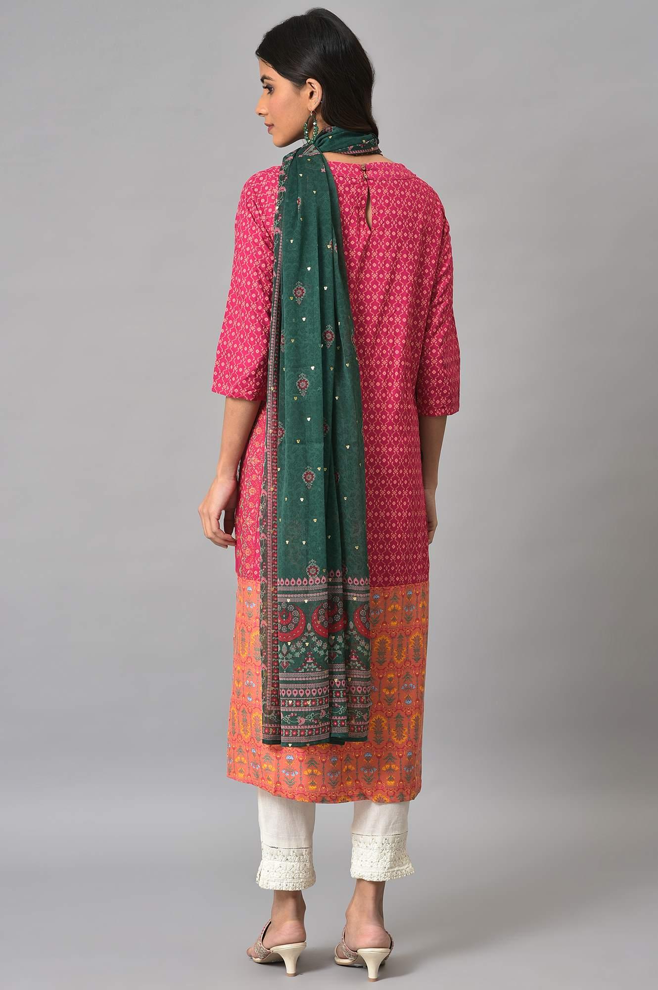 Dark Pink Boat Neck Embroidered kurta With Ecru Slim Pants And Green Printed Dupatta - wforwoman