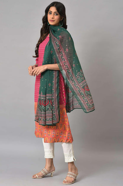 Dark Pink Boat Neck Embroidered kurta With Ecru Slim Pants And Green Printed Dupatta - wforwoman