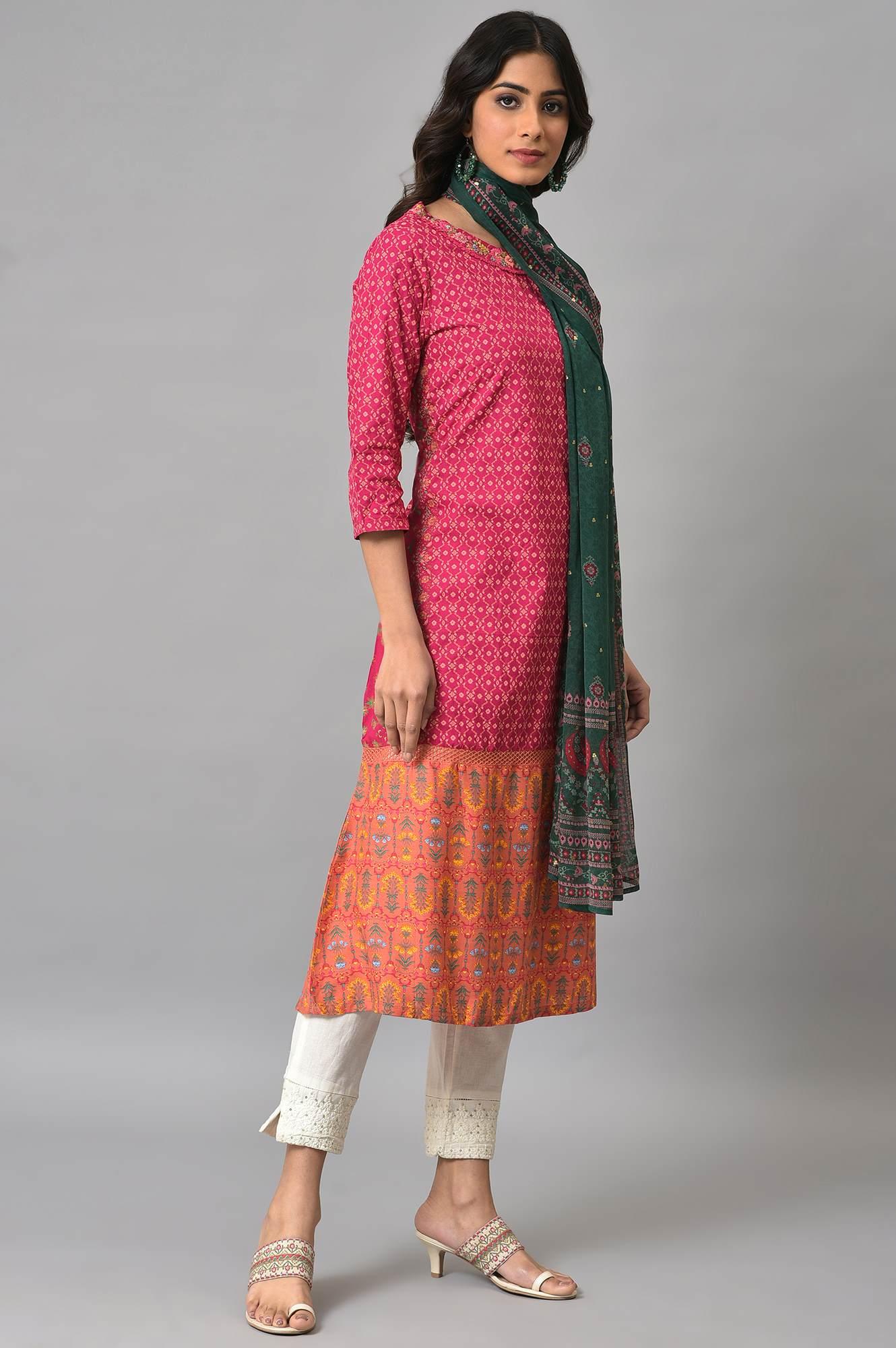 Dark Pink Boat Neck Embroidered kurta With Ecru Slim Pants And Green Printed Dupatta - wforwoman