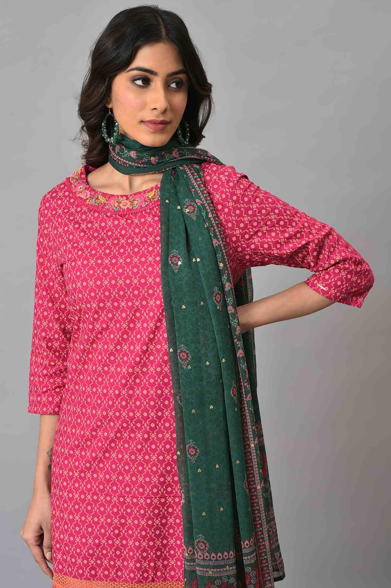 Dark Pink Boat Neck Embroidered kurta With Ecru Slim Pants And Green Printed Dupatta - wforwoman