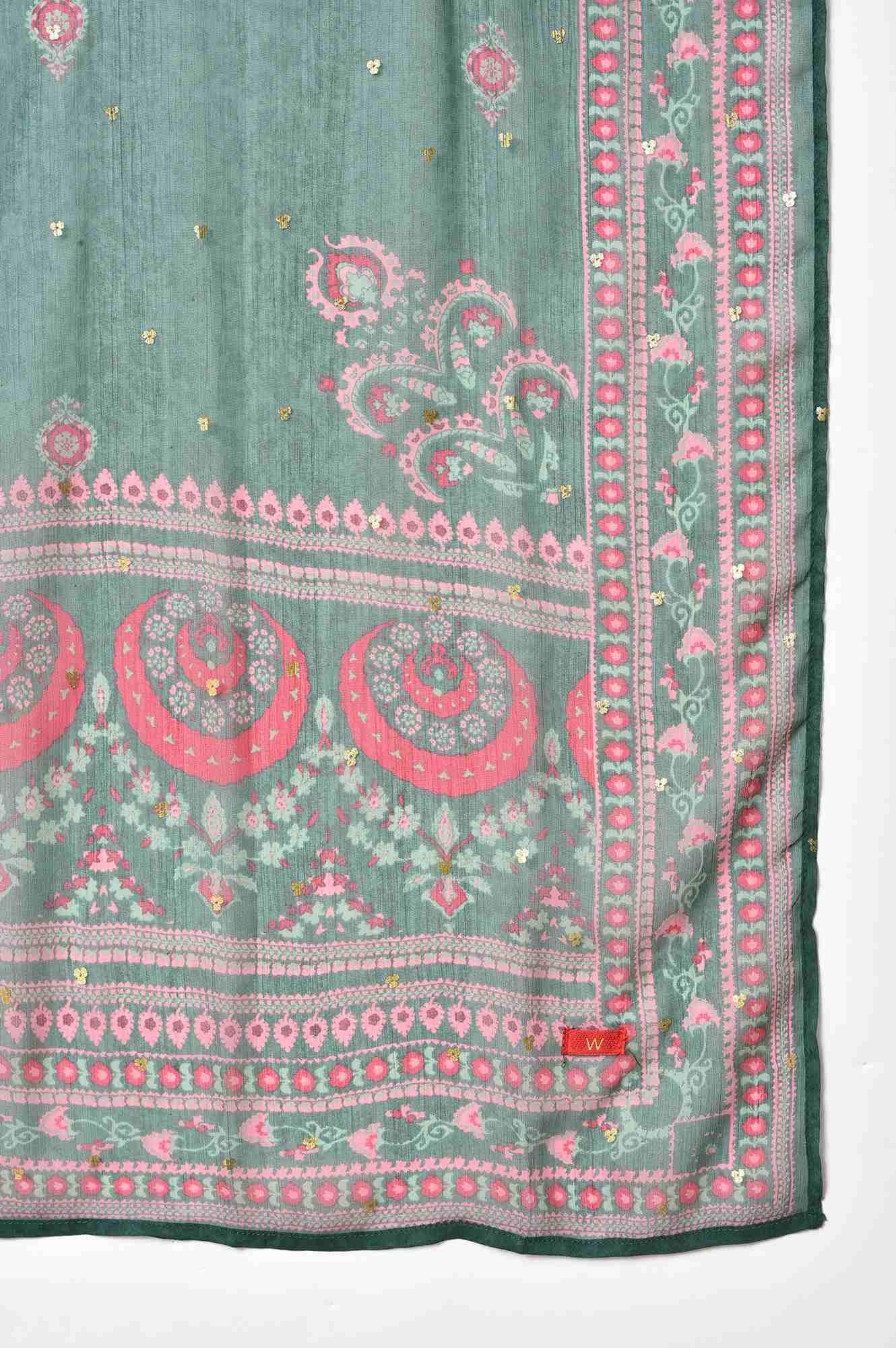 Dark Pink Boat Neck Embroidered kurta With Ecru Slim Pants And Green Printed Dupatta - wforwoman