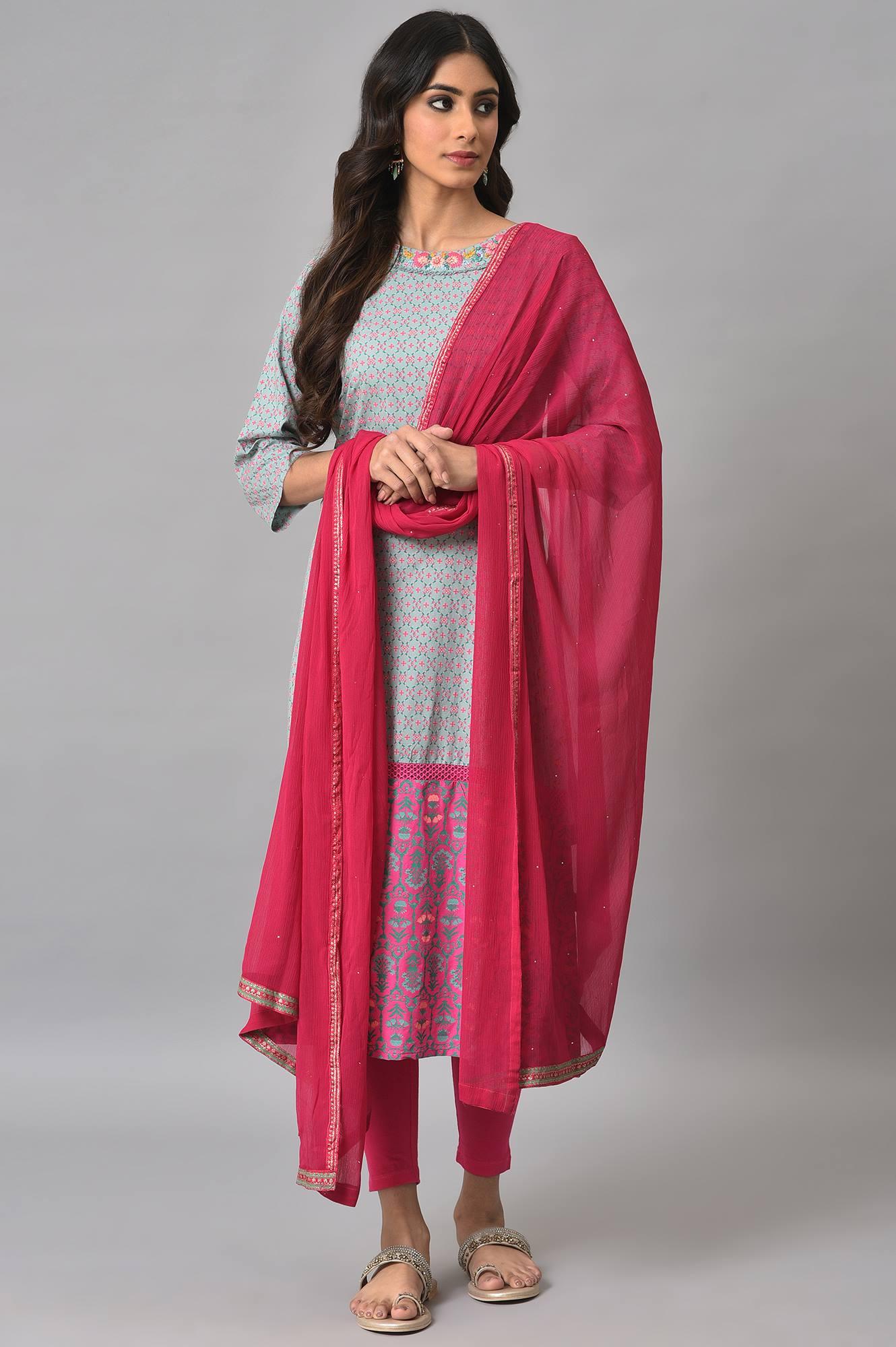 Blue Printed Round Neck kurta With Pink Tights And Dupatta - wforwoman