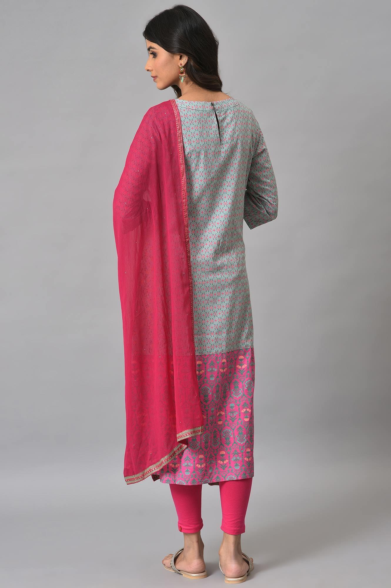 Blue Printed Round Neck kurta With Pink Tights And Dupatta - wforwoman