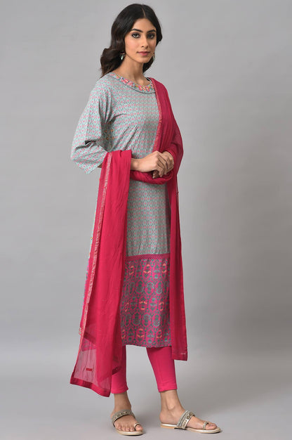 Blue Printed Round Neck kurta With Pink Tights And Dupatta - wforwoman