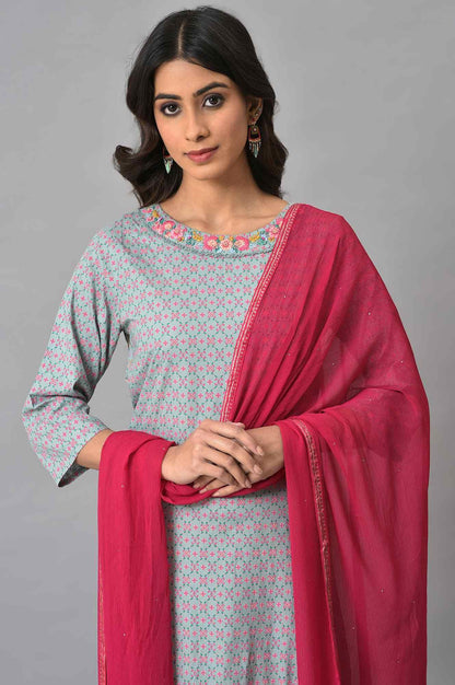 Blue Printed Round Neck kurta With Pink Tights And Dupatta - wforwoman