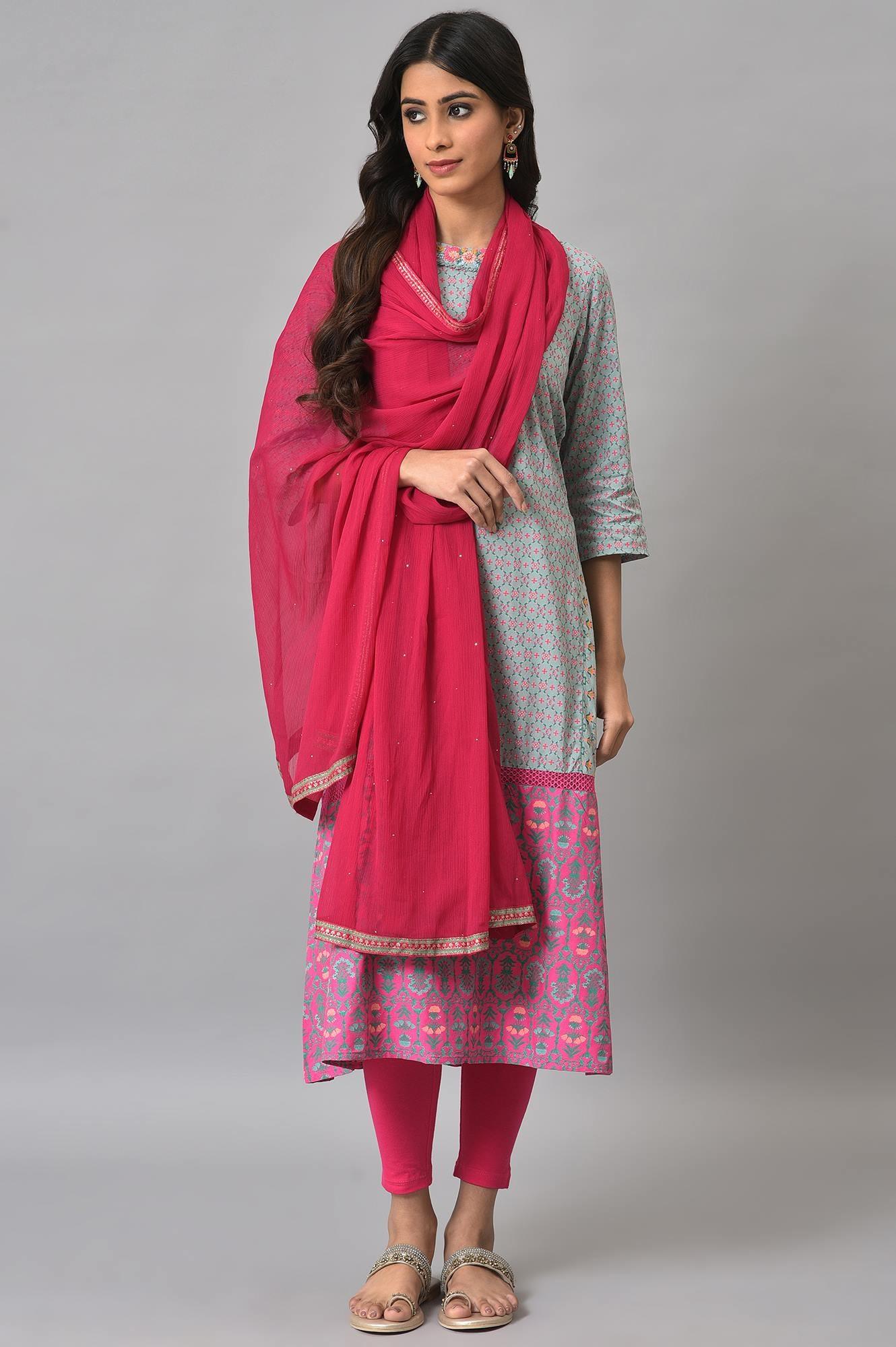 Blue Printed Round Neck kurta With Pink Tights And Dupatta - wforwoman