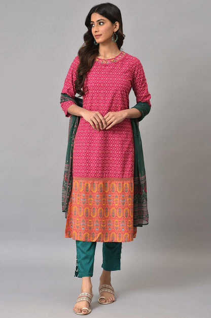 Dark Pink Boat Neck Embroidered kurta With Green Slim Pants And Printed Dupatta - wforwoman