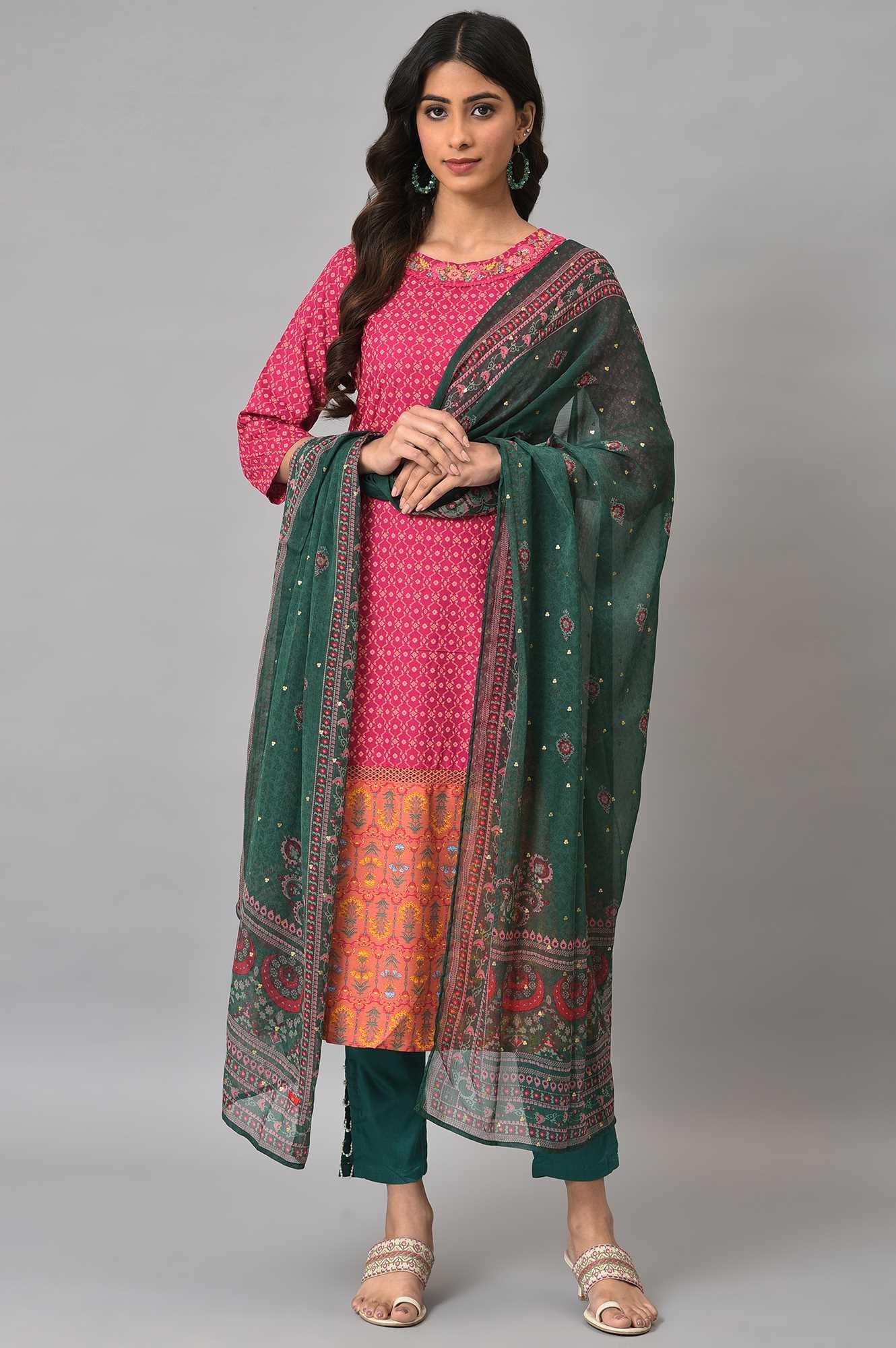 Dark Pink Boat Neck Embroidered kurta With Green Slim Pants And Printed Dupatta - wforwoman