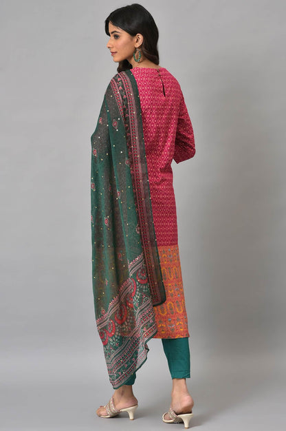 Dark Pink Boat Neck Embroidered kurta With Green Slim Pants And Printed Dupatta - wforwoman