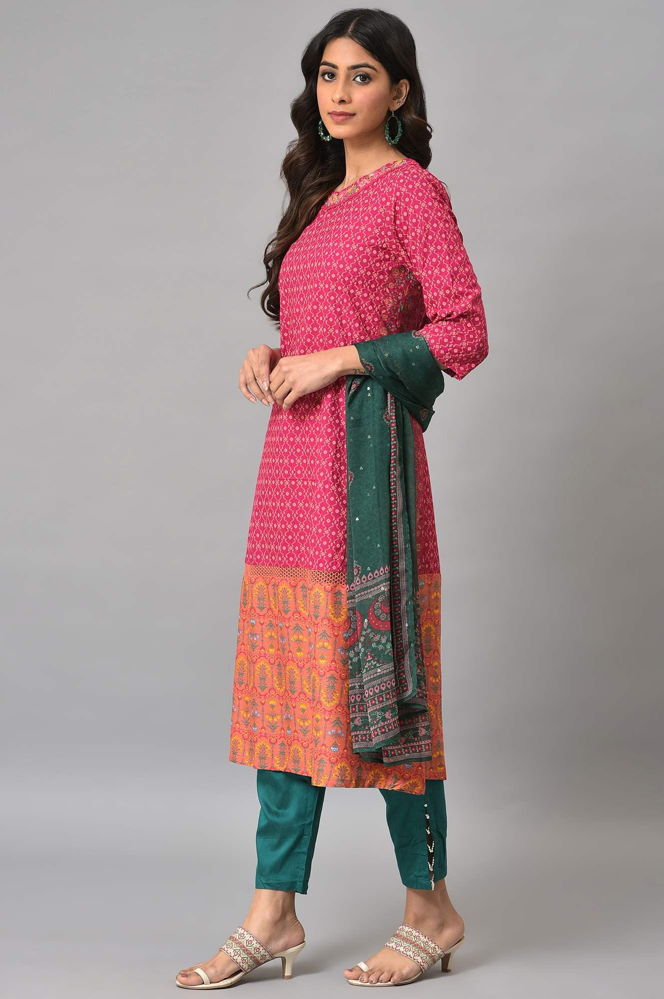 Dark Pink Boat Neck Embroidered kurta With Green Slim Pants And Printed Dupatta - wforwoman