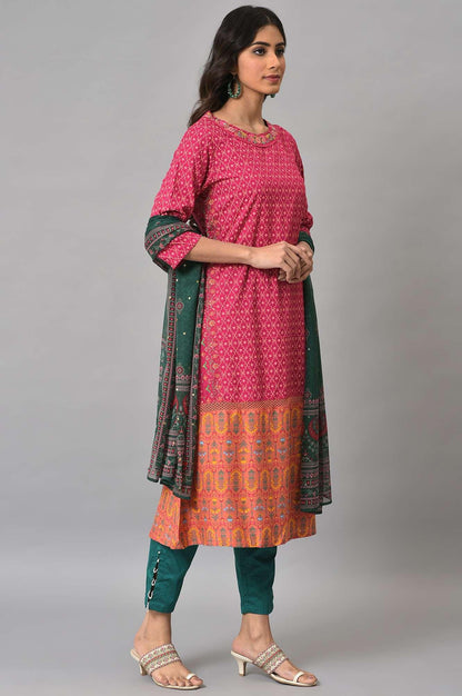 Dark Pink Boat Neck Embroidered kurta With Green Slim Pants And Printed Dupatta - wforwoman