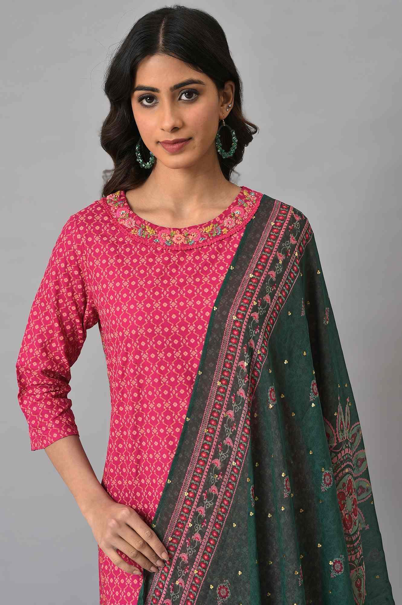 Dark Pink Boat Neck Embroidered kurta With Green Slim Pants And Printed Dupatta - wforwoman