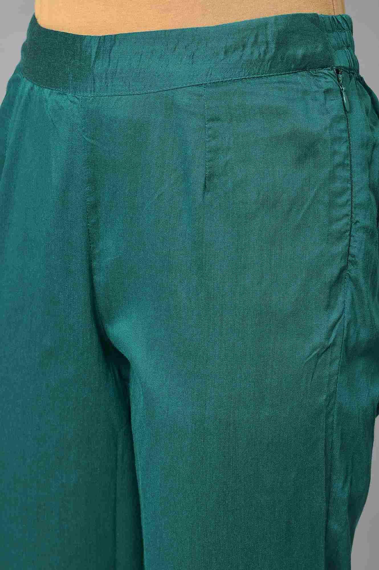 Dark Pink Boat Neck Embroidered kurta With Green Slim Pants And Printed Dupatta - wforwoman
