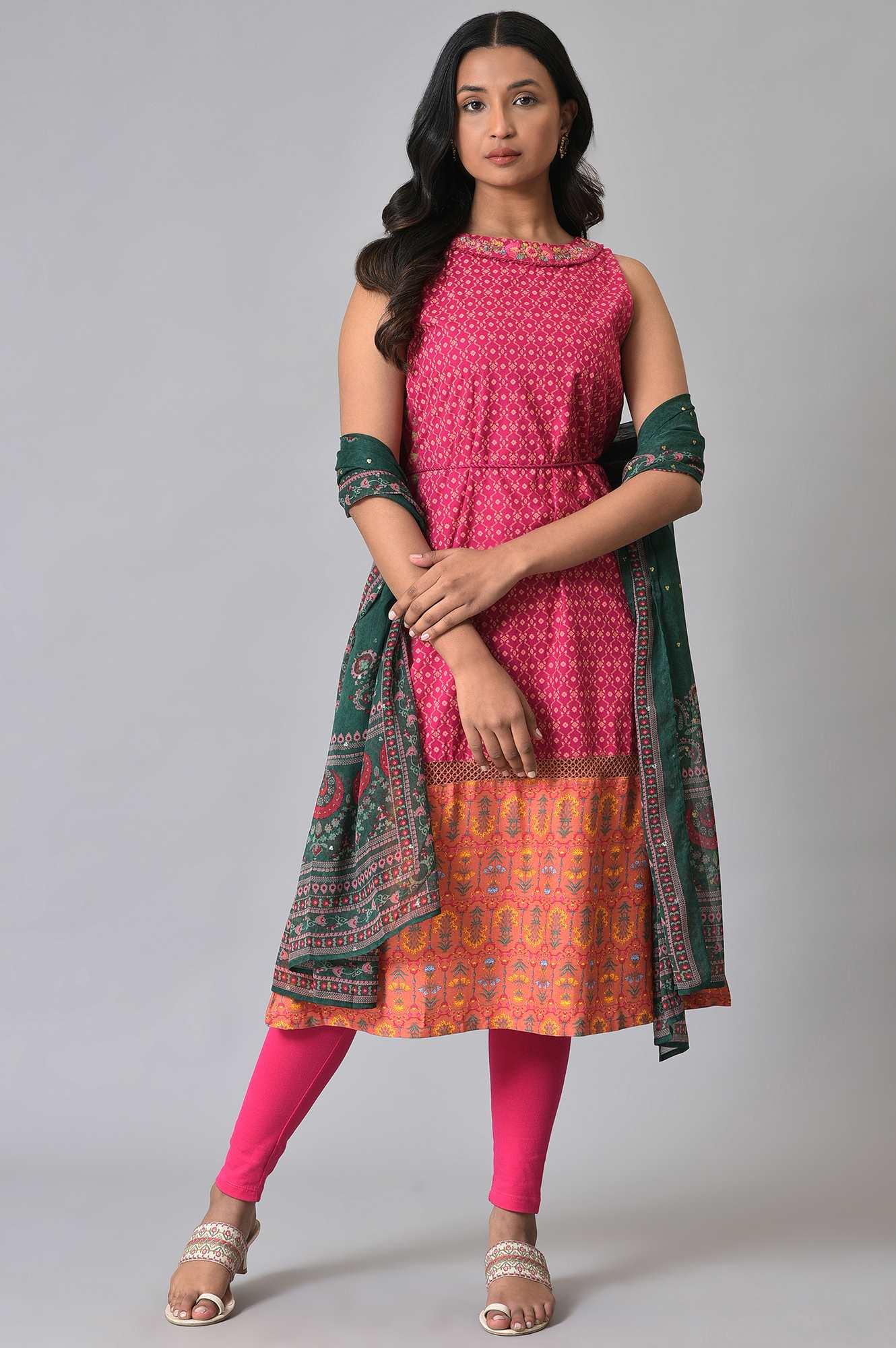 Dark Pink Embroidered kurta With Pink Tights And Green Chiffon Dupataa - wforwoman