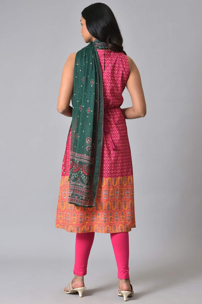 Dark Pink Embroidered kurta With Pink Tights And Green Chiffon Dupataa - wforwoman