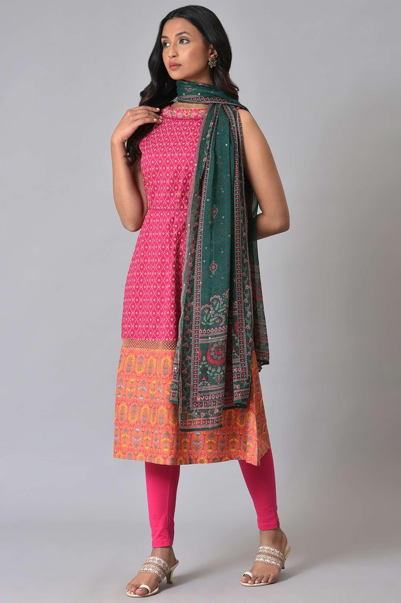 Dark Pink Embroidered kurta With Pink Tights And Green Chiffon Dupataa - wforwoman