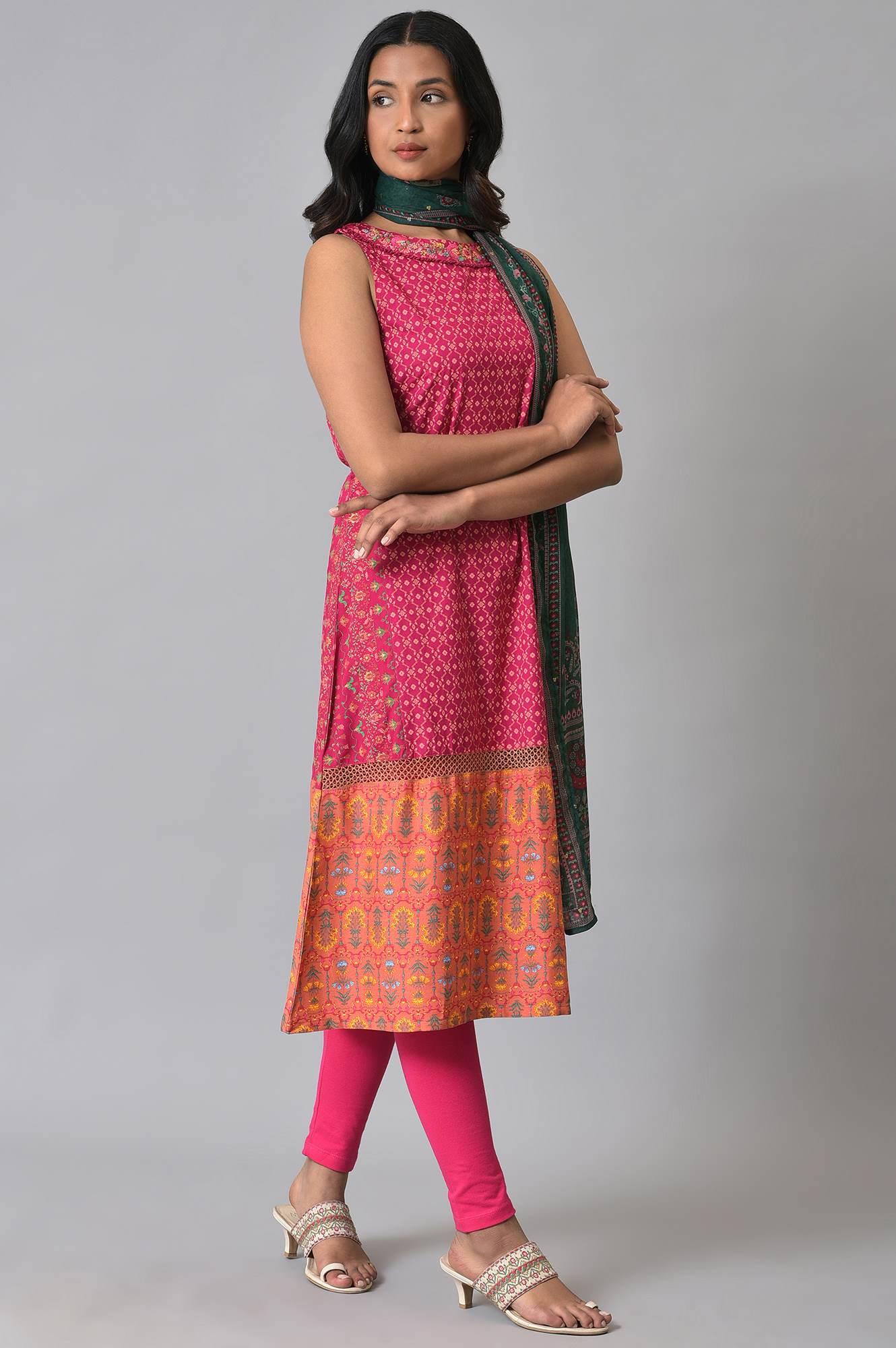 Dark Pink Embroidered kurta With Pink Tights And Green Chiffon Dupataa - wforwoman