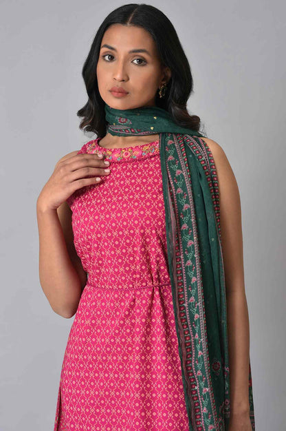 Dark Pink Embroidered kurta With Pink Tights And Green Chiffon Dupataa - wforwoman