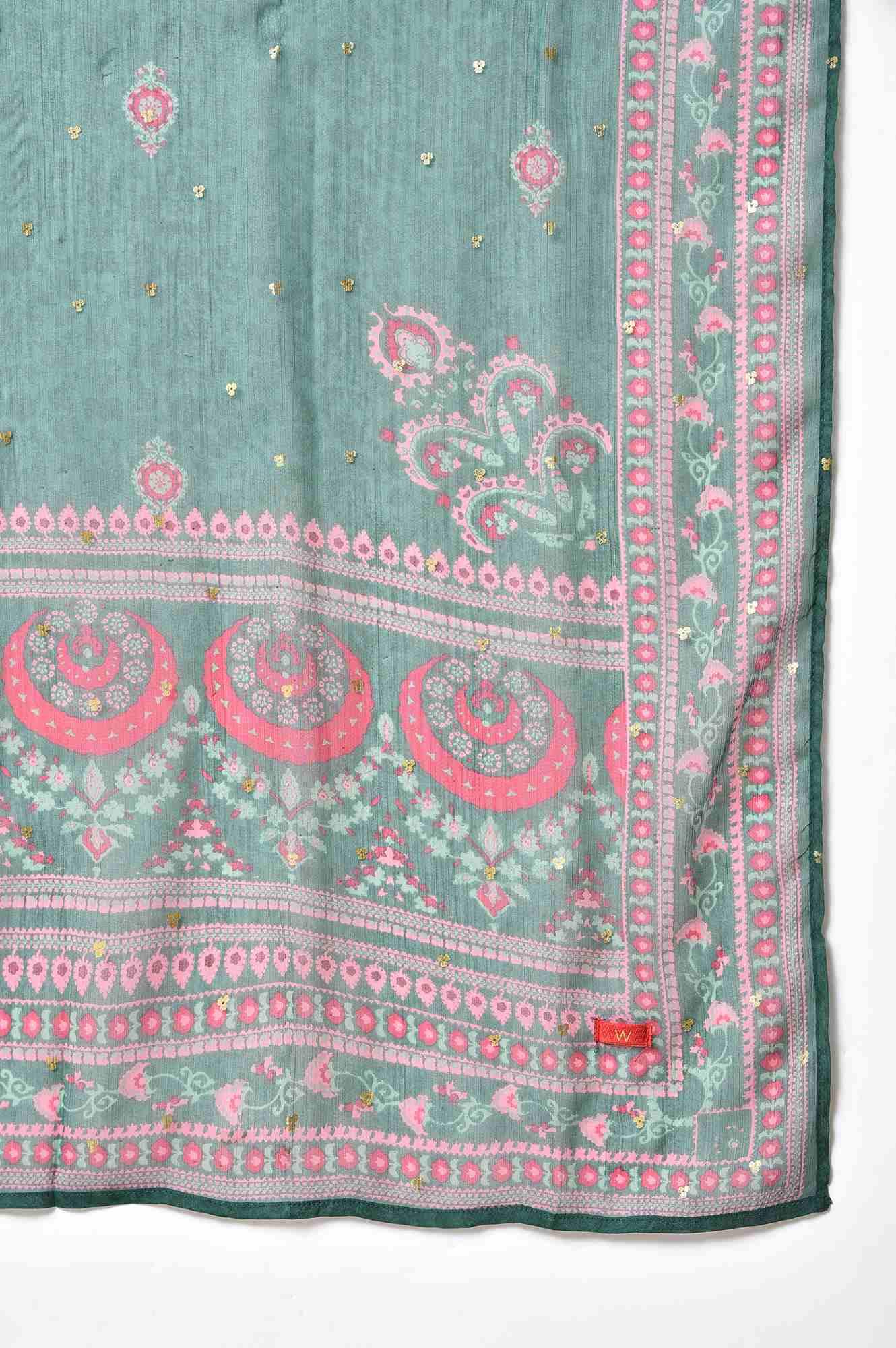 Dark Pink Embroidered kurta With Pink Tights And Green Chiffon Dupataa - wforwoman