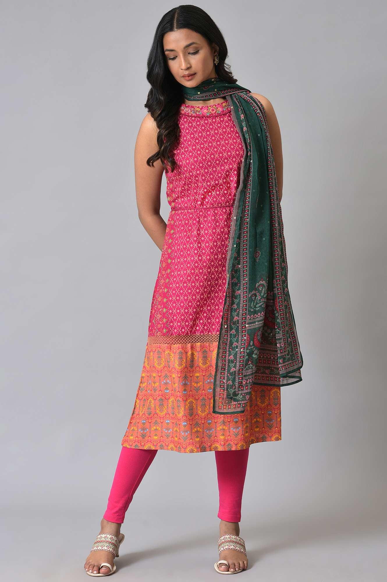 Dark Pink Embroidered kurta With Pink Tights And Green Chiffon Dupataa - wforwoman