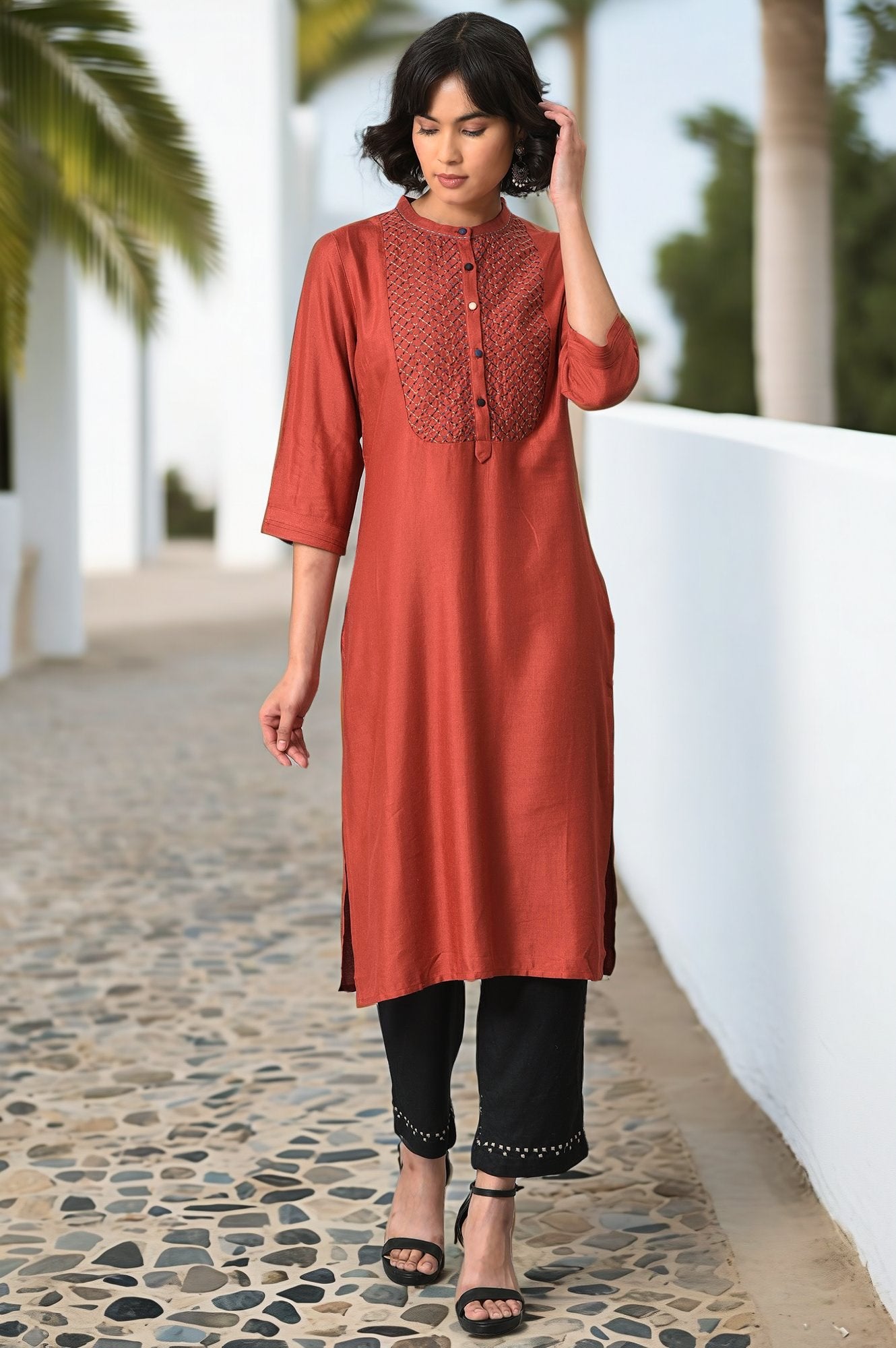 Brick Red Thread Embroidered Kurta Set with Black Pants