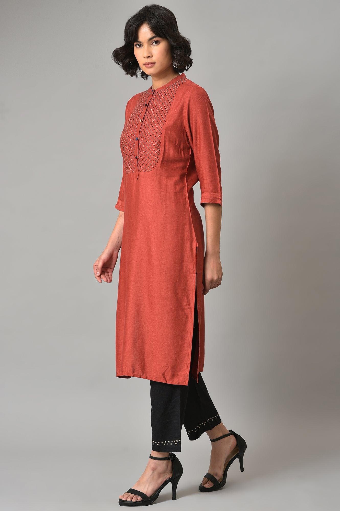 Brick Red Thread Embroidered kurta With Black Straight Pants - wforwoman