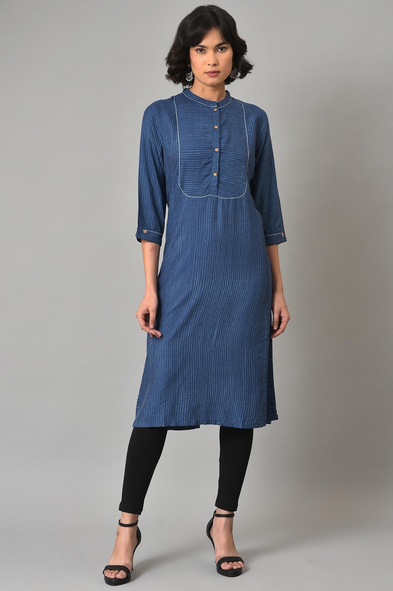 Blue Stripes Printed A-Line kurta With Black Tights - wforwoman