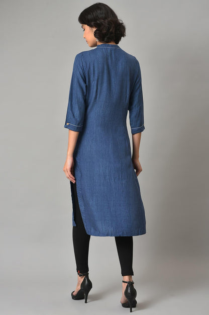 Blue Stripes Printed A-Line kurta With Black Tights - wforwoman