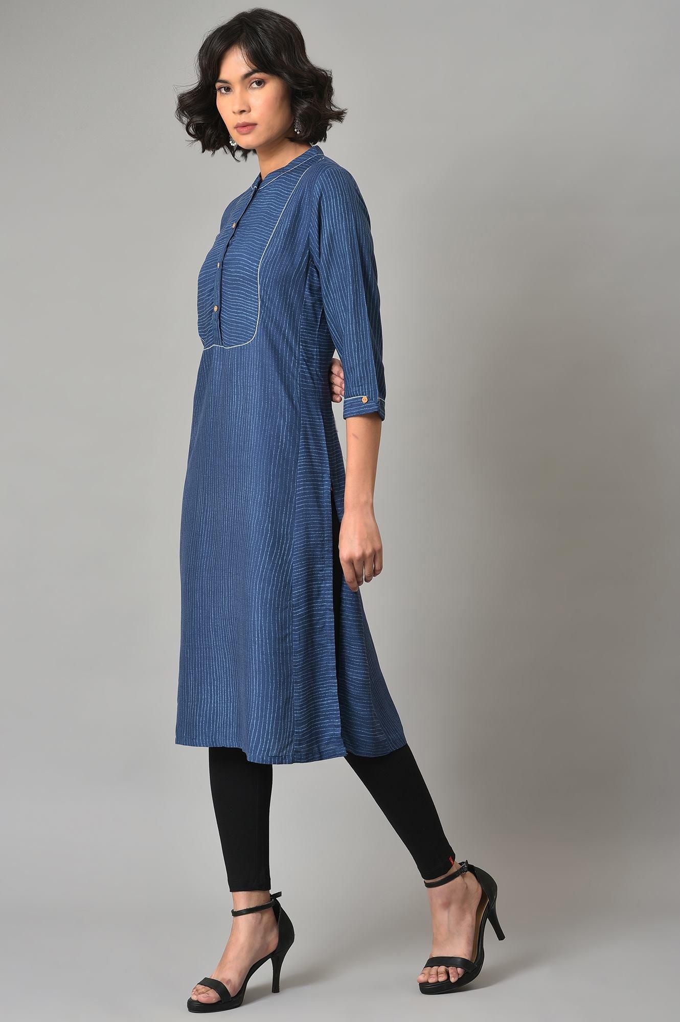 Blue Stripes Printed A-Line kurta With Black Tights - wforwoman