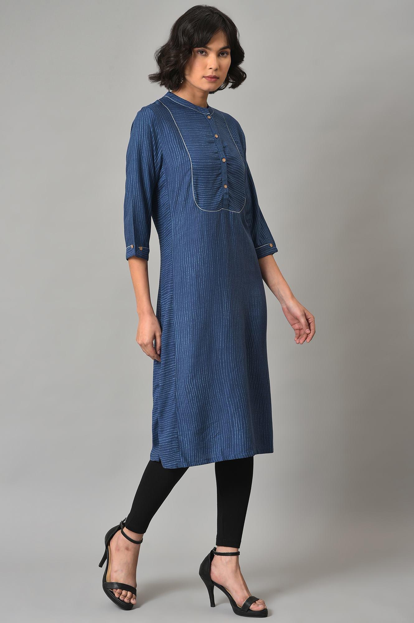 Blue Stripes Printed A-Line kurta With Black Tights - wforwoman