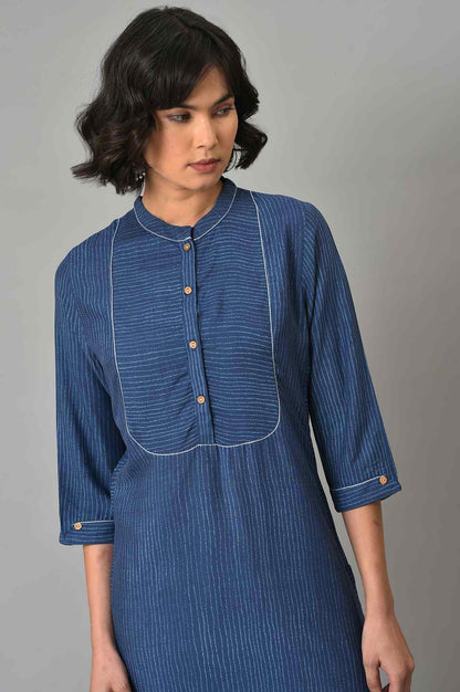 Blue Stripes Printed A-Line kurta With Black Tights - wforwoman