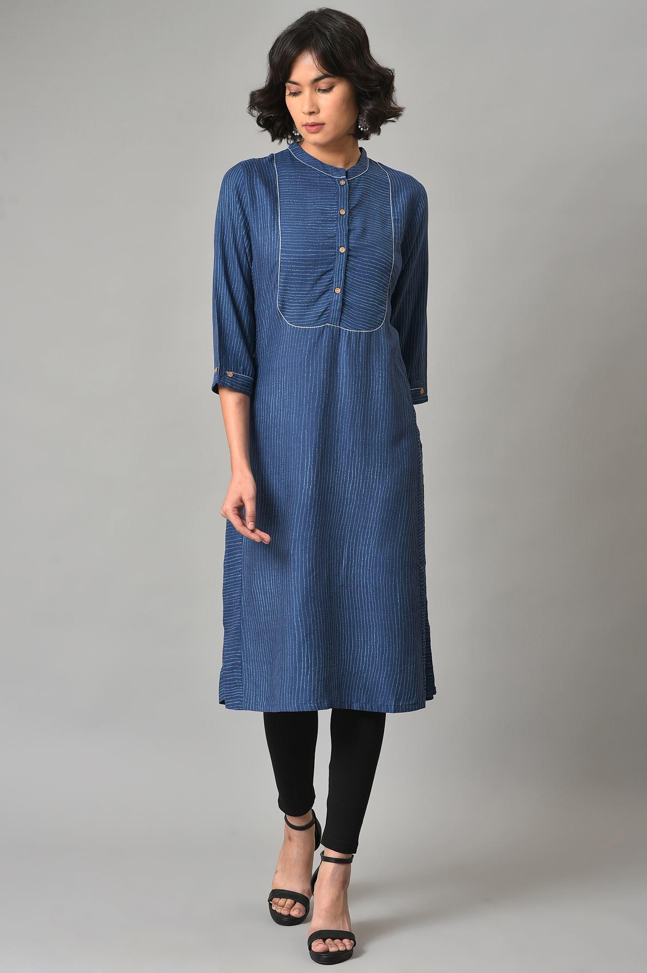 Blue Stripes Printed A-Line kurta With Black Tights - wforwoman