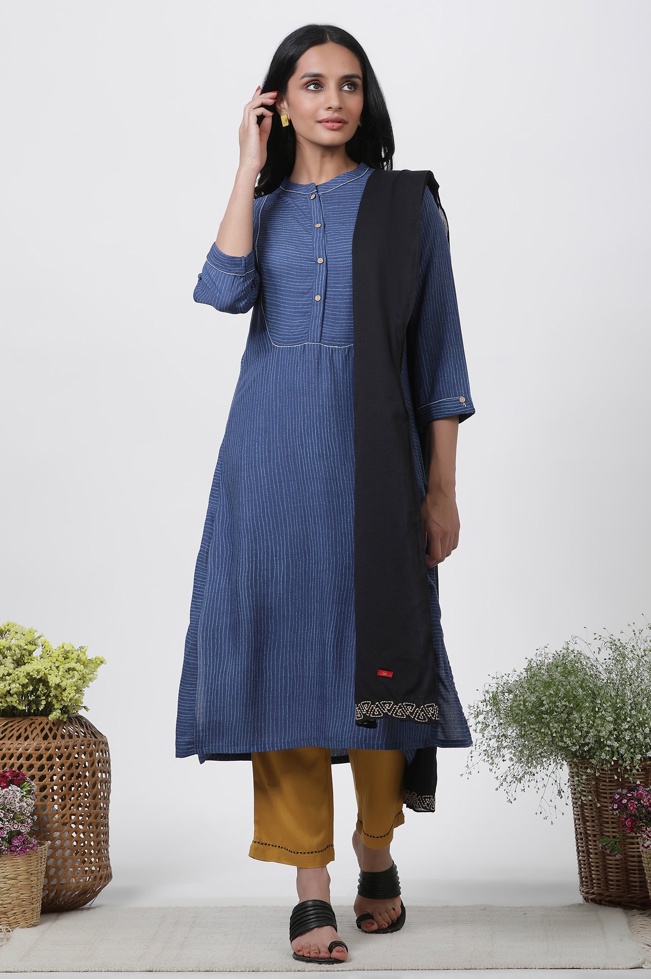 Blue Striped Kurta, Pants And Dupatta Set