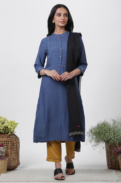 Blue Striped Kurta, Pants And Dupatta Set