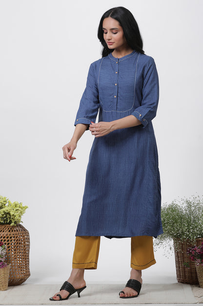 Blue Striped Kurta, Pants And Dupatta Set