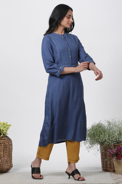 Blue Striped Kurta, Pants And Dupatta Set