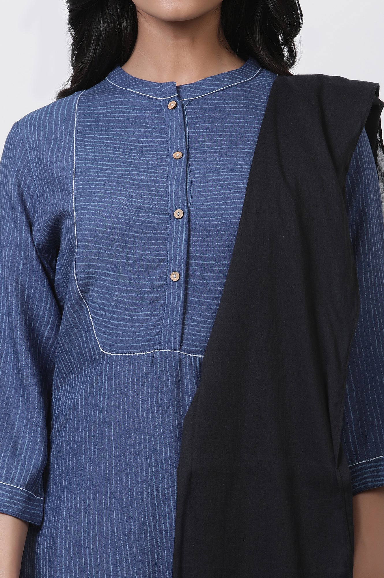 Blue Striped Kurta, Pants And Dupatta Set