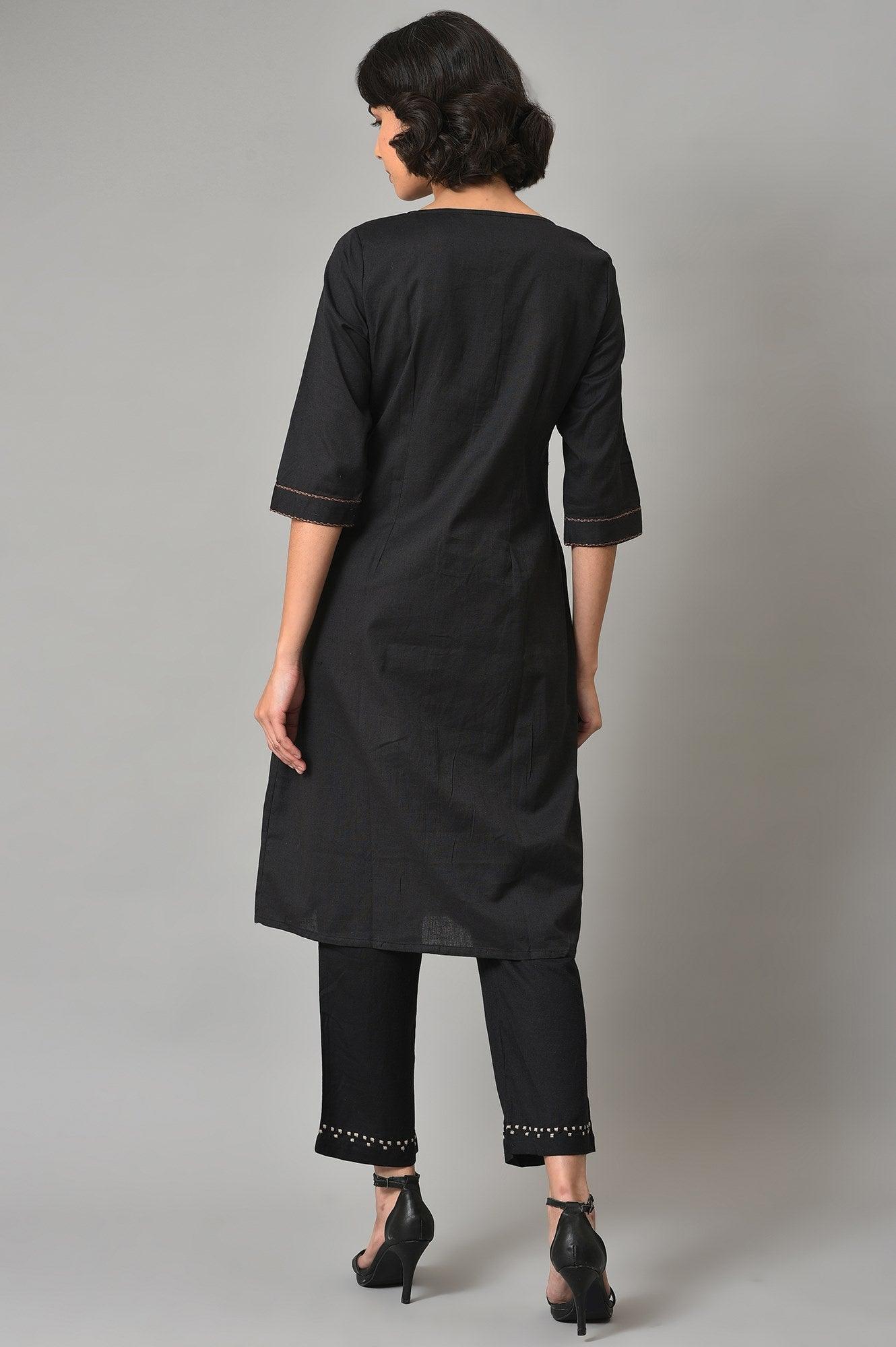 Black A-Line Box Pleated kurta With Straight Pants - wforwoman