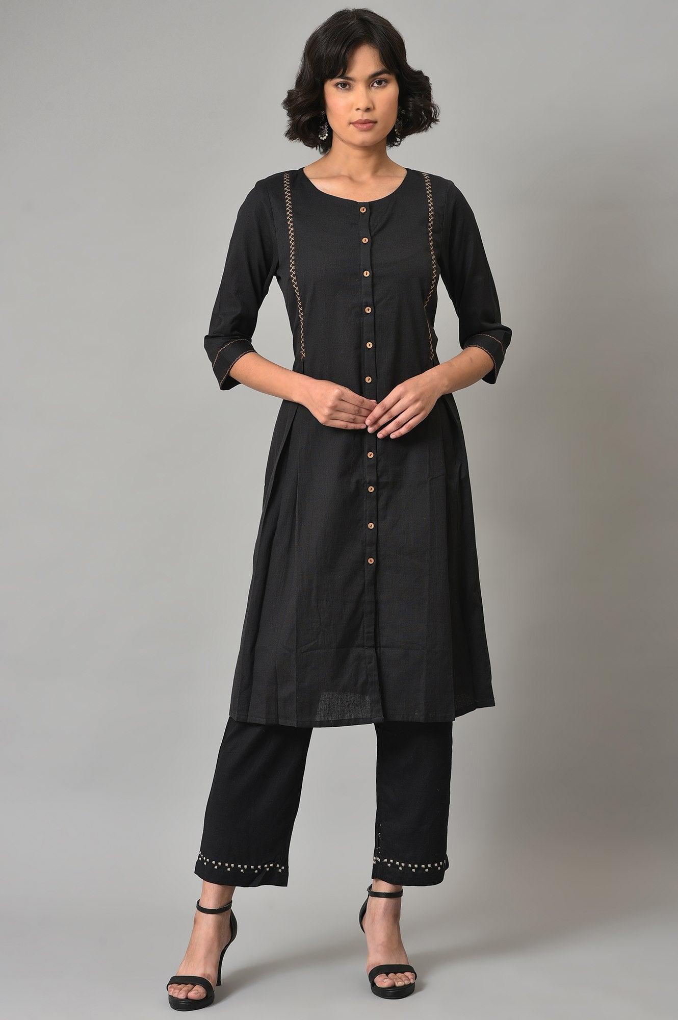 Black A-Line Box Pleated kurta With Straight Pants - wforwoman