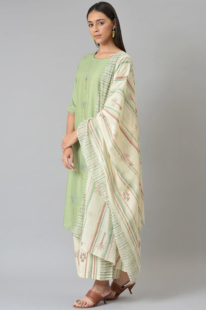 Light Green Embroidered kurta With Printed Parallel Pants And Dupatta - wforwoman