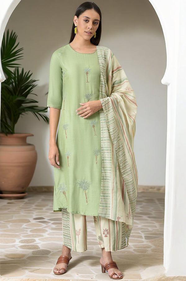 Light Green Embroidered Straight Kurta with Printed Parallel Pants and Dupatta Set