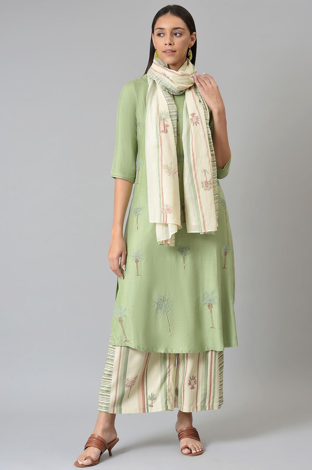 Light Green Embroidered kurta With Printed Parallel Pants And Dupatta - wforwoman