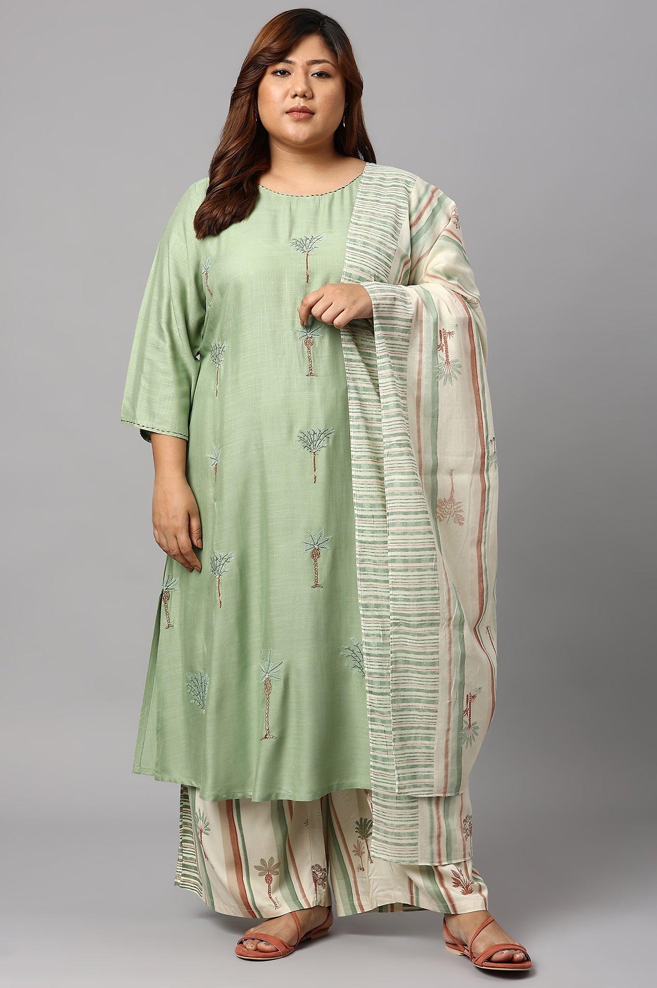 Light Green Plus Size Embroidered kurta With Printed Parallel Pants And Dupatta - wforwoman